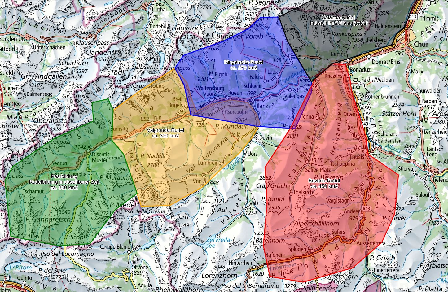 karte mit Verteilung der Wolfsrudel in den Regionen Surselva und Viamala